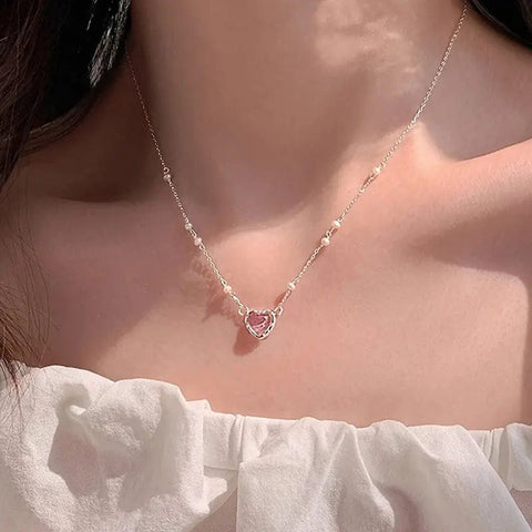 Dainty Sterling Silver Pearl Charm Heart Necklace