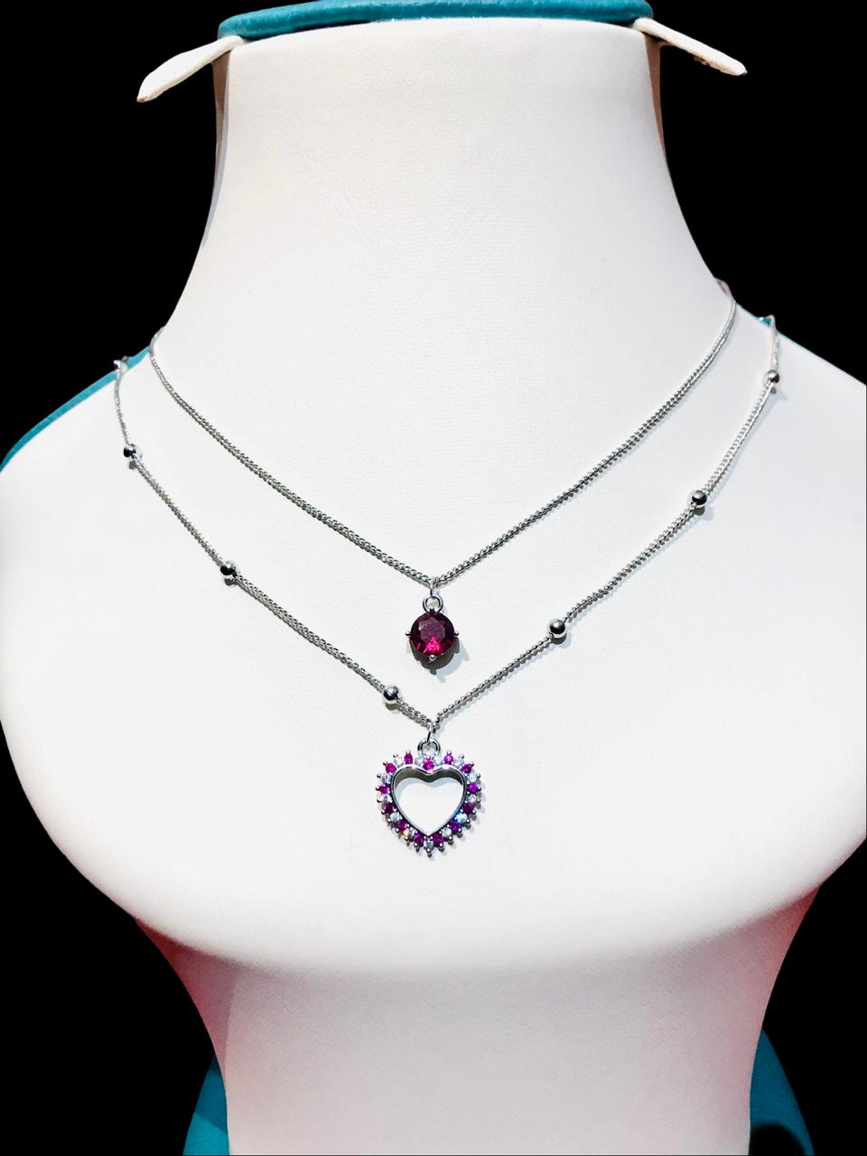 Silver Necklace Set with Garnet & Amethyst Heart Pendant”