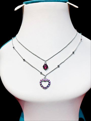 Silver Necklace Set with Garnet & Amethyst Heart Pendant”