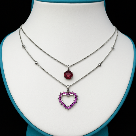Silver Necklace Set with Garnet & Amethyst Heart Pendant”