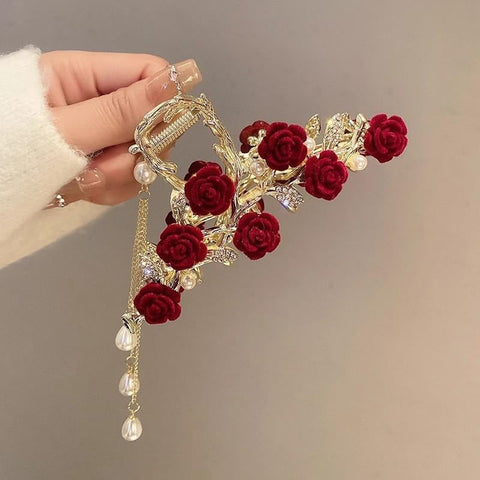 Elegant Rose Tassel Hair Claw – Versatile Shark Clip for Women & Girls, Perfect for Parties & Gifts