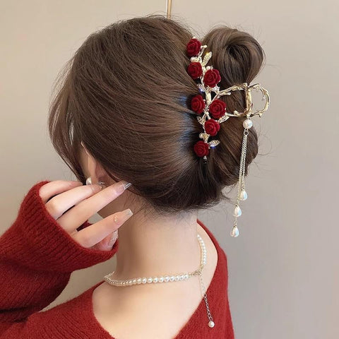 Elegant Rose Tassel Hair Claw – Versatile Shark Clip for Women & Girls, Perfect for Parties & Gifts