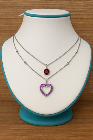 Silver Necklace Set with Garnet & Amethyst Heart Pendant”